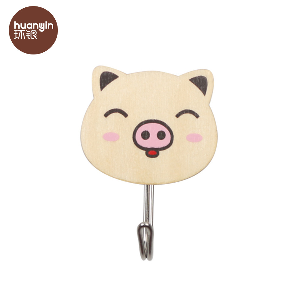 HY-0718 towel cartoon pigs adhesive wooden animal wall hook