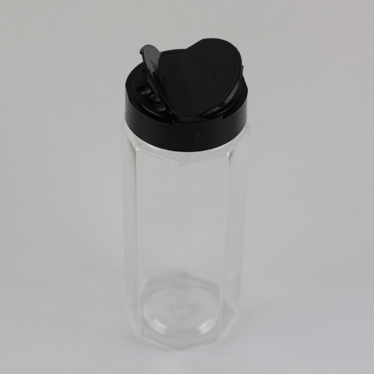 New design 500ml 16 oz empty octagonal shape plastic spice pet bottle shaker for salt and pepper packing with butterfly top