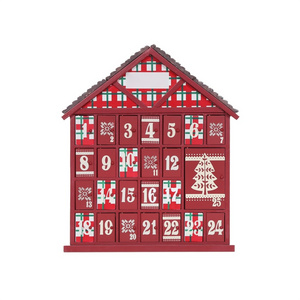 Wooden Christmas Advent Desk Calendar 2023 Red House Shape with Brown Roofs 24 Days Countdown Tabletop Decoration