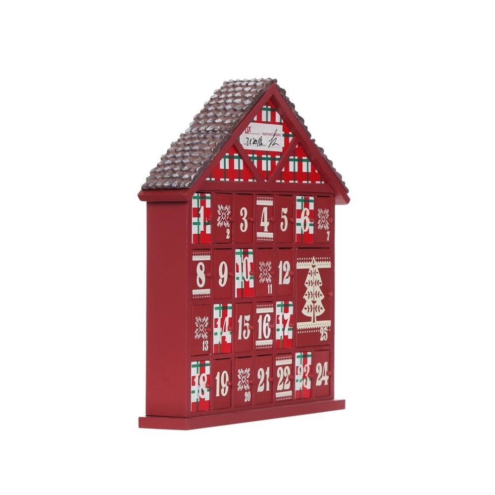 Wooden Christmas Advent Desk Calendar 2023 Red House Shape with Brown Roofs 24 Days Countdown Tabletop Decoration