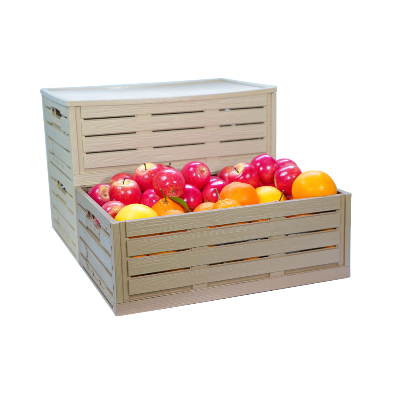 OEM  Heavy Duty Wood Grain Shipping Basket 44Liter Plastic Folding Crate With Lid For Food