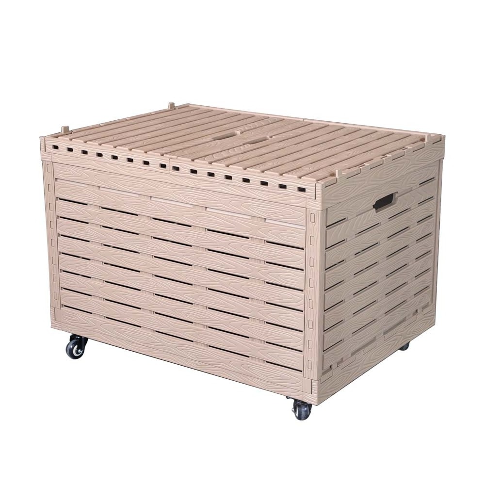 Retail Rustic Beige Decorative Wood Storage Crates Straight Wall Handled Storage Tote On Wheels