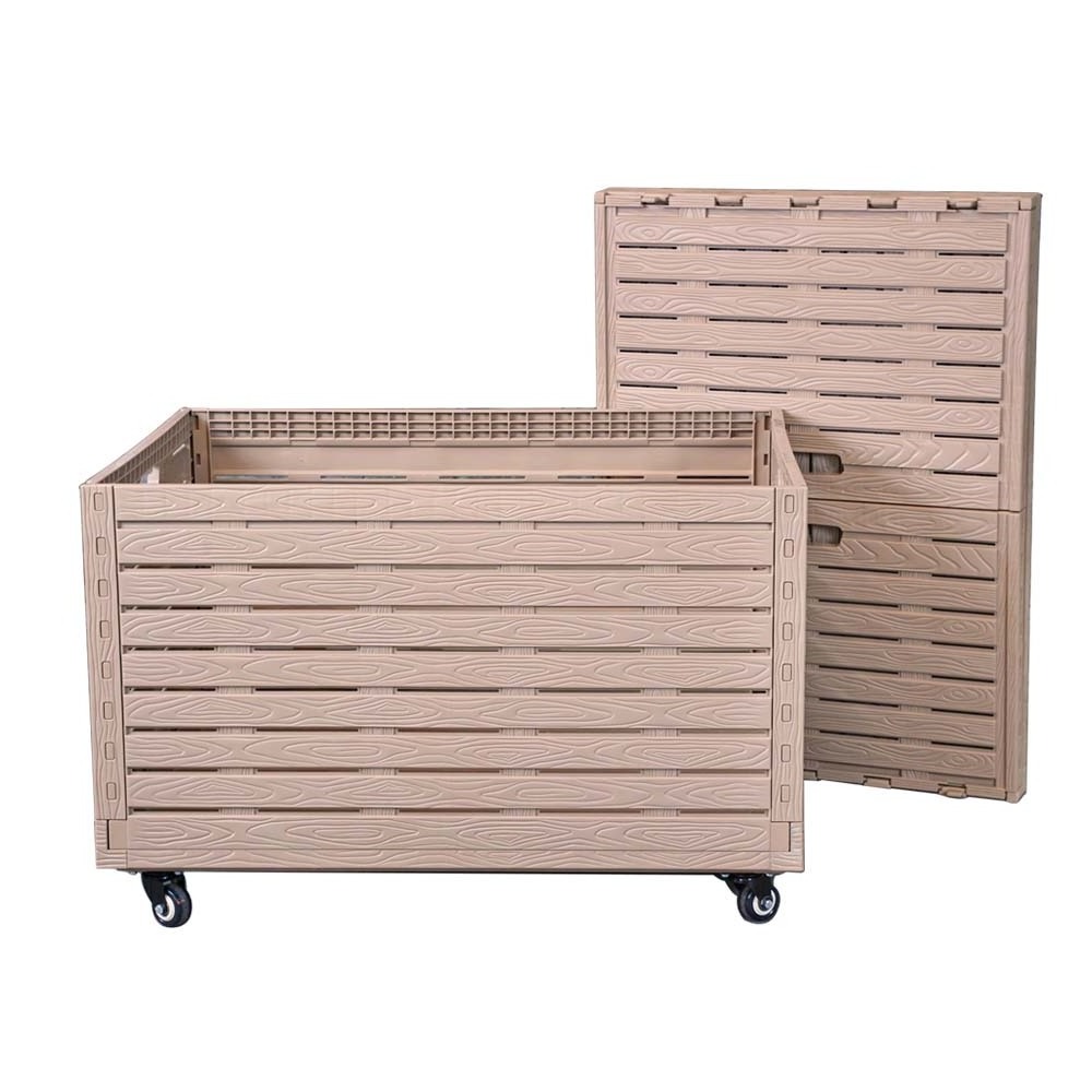 Retail Rustic Beige Decorative Wood Storage Crates Straight Wall Handled Storage Tote On Wheels