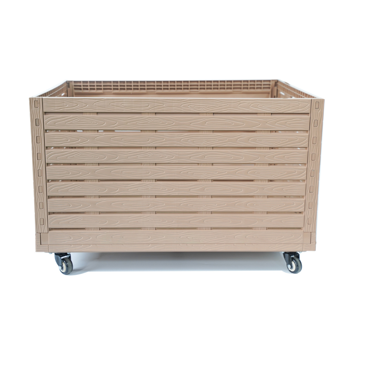 Retail Rustic Beige Decorative Wood Storage Crates Straight Wall Handled Storage Tote On Wheels