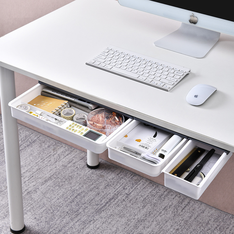 2024 new Office Hanging White Gray Space-Saving Item Organizer Self-Adhesive Under Desk Hidden Sliding Plastic Drawer