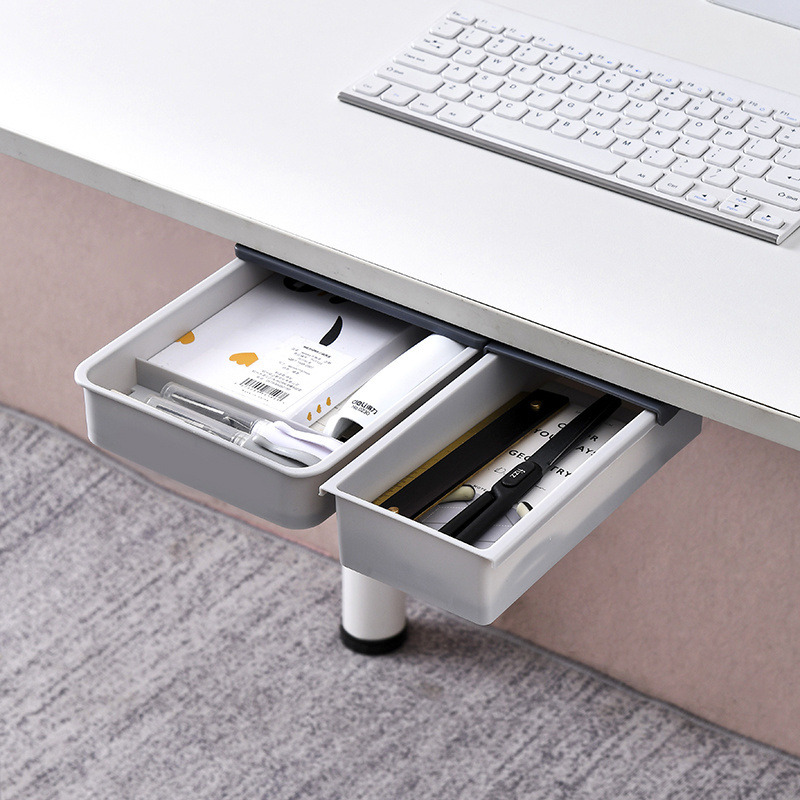 2024 new Office Hanging White Gray Space-Saving Item Organizer Self-Adhesive Under Desk Hidden Sliding Plastic Drawer