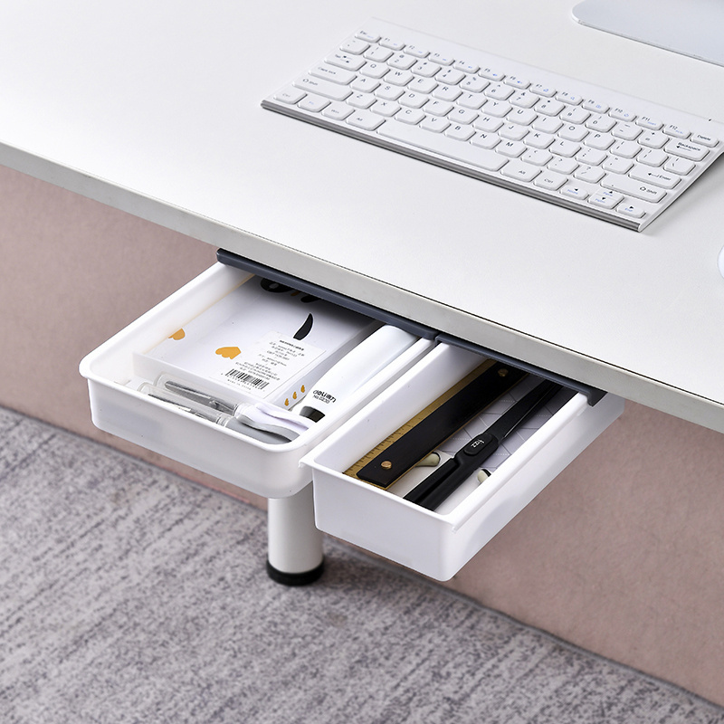 2024 new Office Hanging White Gray Space-Saving Item Organizer Self-Adhesive Under Desk Hidden Sliding Plastic Drawer