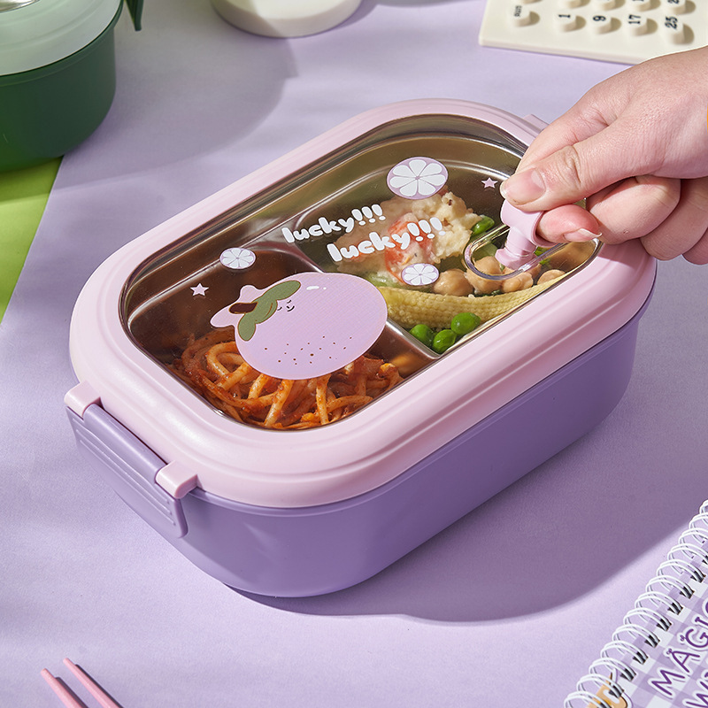 Stainless steel cartoon lunch box with lid leakproof kids plastic lunch bento box Fresh-keeping boxes for students and office wo