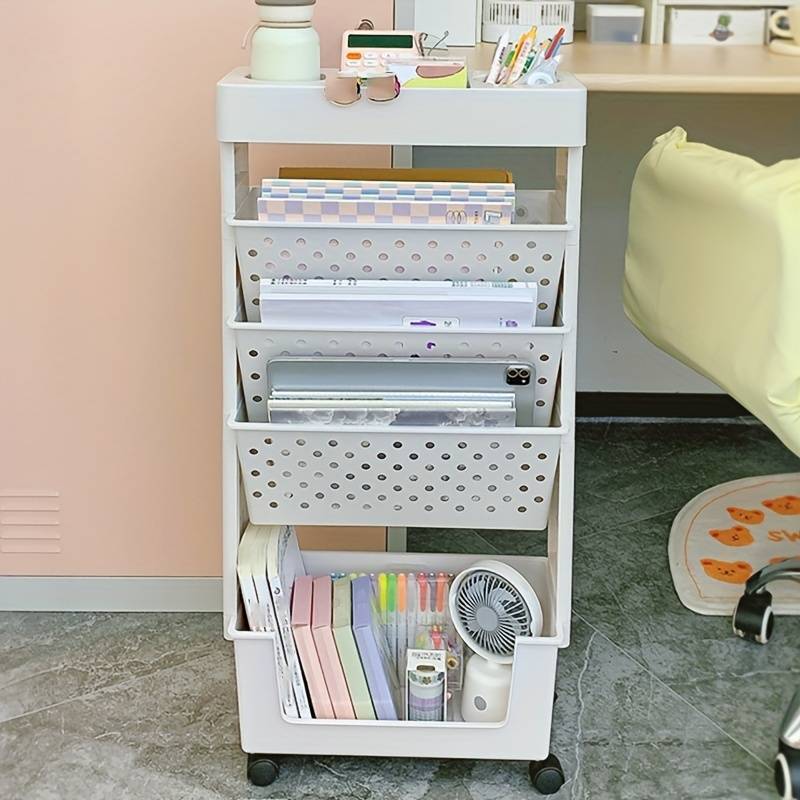 5 Tier Standing Shelf Unit Magazine Rack Book Carts with Wheels Storage Holders & Racks Multifunction Stand Plastic Book Holder