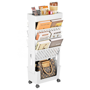 5 Tier Standing Shelf Unit Magazine Rack Book Carts with Wheels Storage Holders & Racks Multifunction Stand Plastic Book Holder