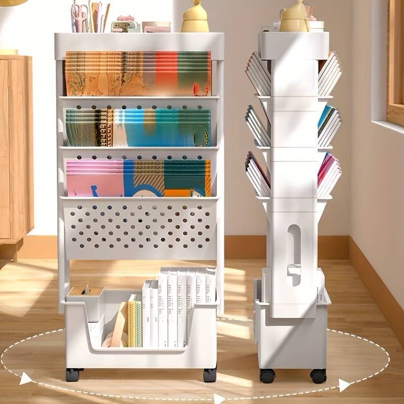 5 Tier Standing Shelf Unit Magazine Rack Book Carts with Wheels Storage Holders & Racks Multifunction Stand Plastic Book Holder