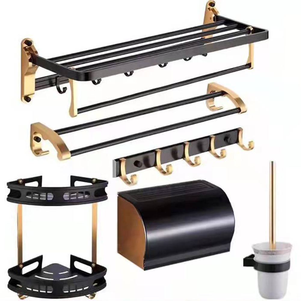 Black gold space mounted bathroom shelf shelves towel holder wall mounting aluminum towel rack