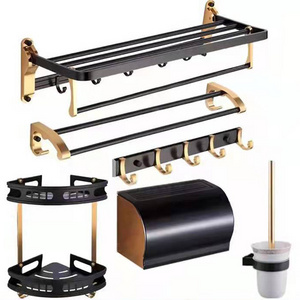 Black gold space mounted bathroom shelf shelves towel holder wall mounting aluminum towel rack