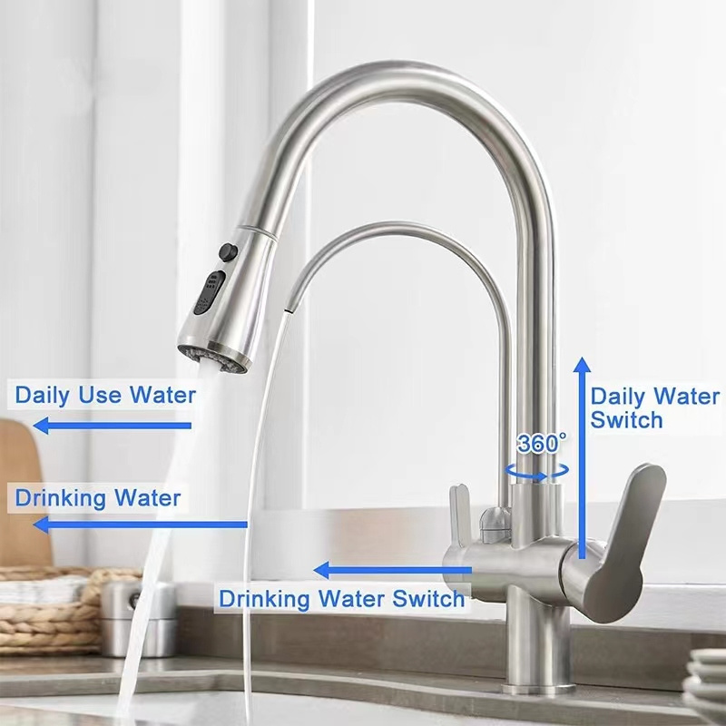 45 All copper valve body Kitchen Sink Faucet with Pull Down Sprayer 2 Handle 3 in 1 Water Filter Purifier Faucets