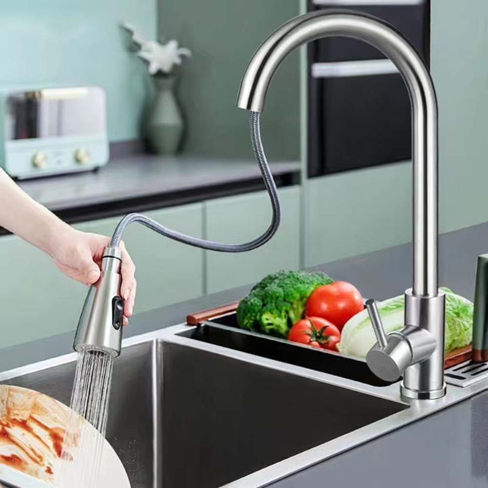 304Stainless Steel Kitchen Faucet Single Handle Pull Out wire drawing Tap Pull Down Stainless Steel Kitchen Faucet