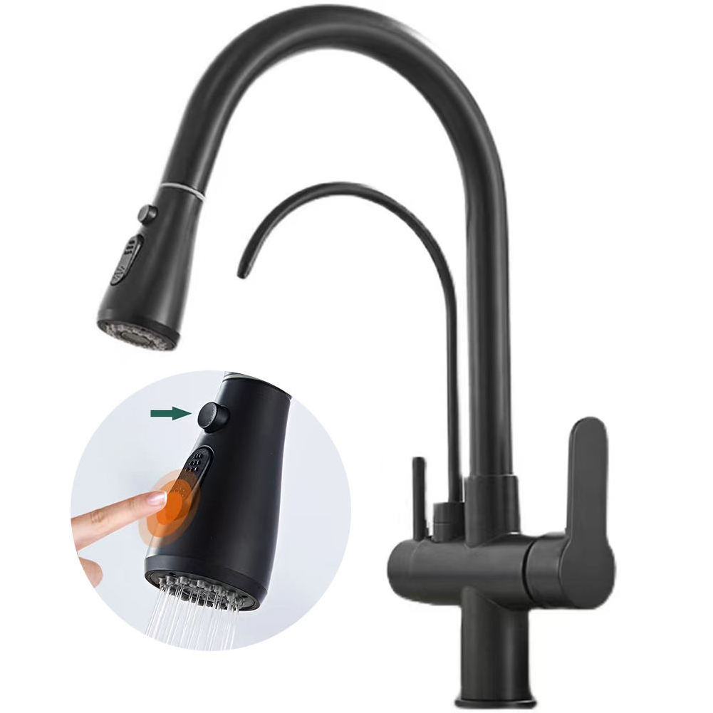 23 Brass Matte Black 3 Way Sink Mixer Kitchen Tap Pull Out Spray 360 Rotation Water Filter Faucet