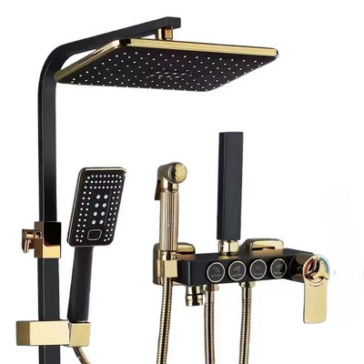 Black Brass thermostat 4-way exposed bathroom Gold shower faucet set Shower system mixer Multi-function booster shower head