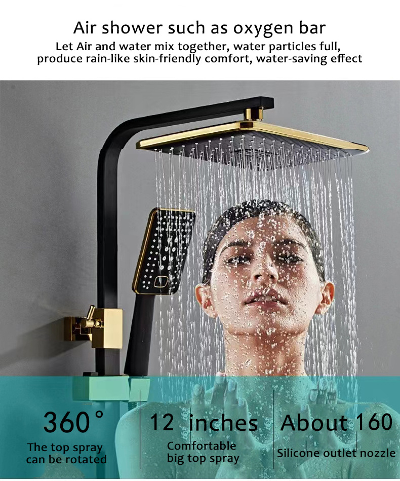 Black Brass thermostat 4-way exposed bathroom Gold shower faucet set Shower system mixer Multi-function booster shower head