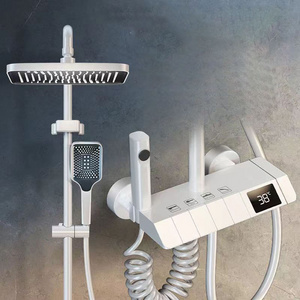 White Digital Display 4 Function Shower Set Brass Bathroom Shower Faucet