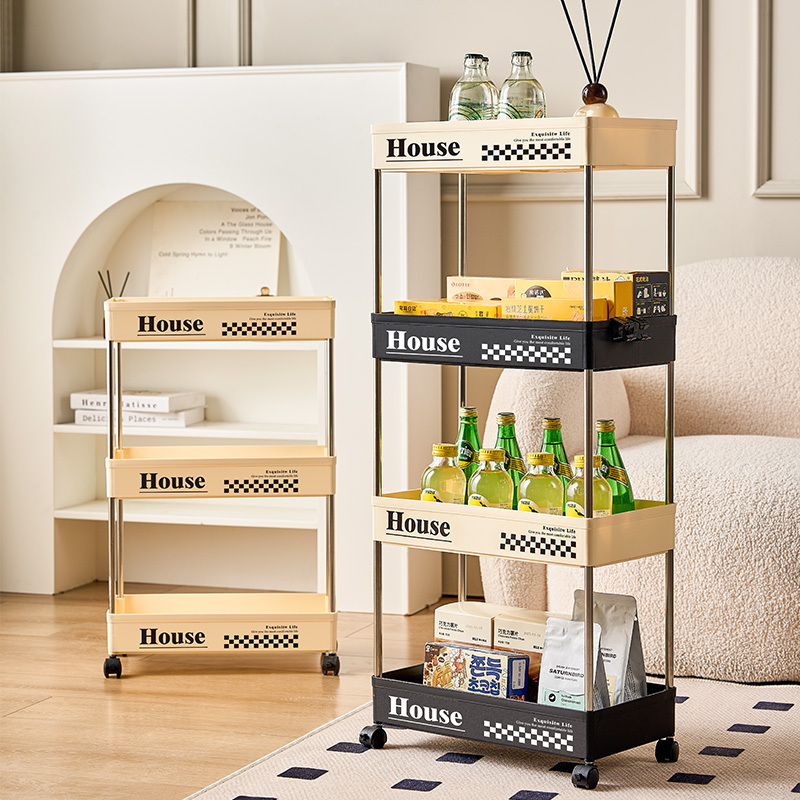 Household 3 tier movable clip shelf kitchen supplies plastic material floor type trolley bathroom storage shelf