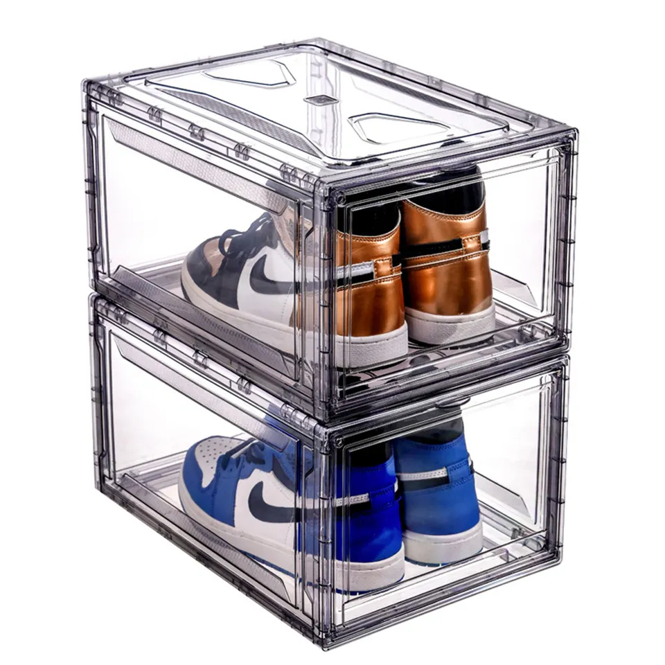 Transparent Plastic Collection Display Shoe Box Magnetic Drop Front Shoe Container Organizer For Closet Shoe Box  storage