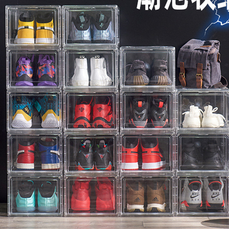 Transparent Plastic Collection Display Shoe Box Magnetic Drop Front Shoe Container Organizer For Closet Shoe Box  storage