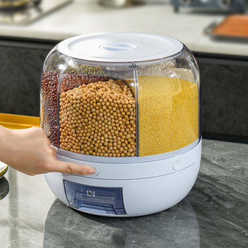 6 in 1 Rotating Plastic Round Rice Cereal Grain Dispenser 6 Compartment Dry Food Storage Container For Kitchen