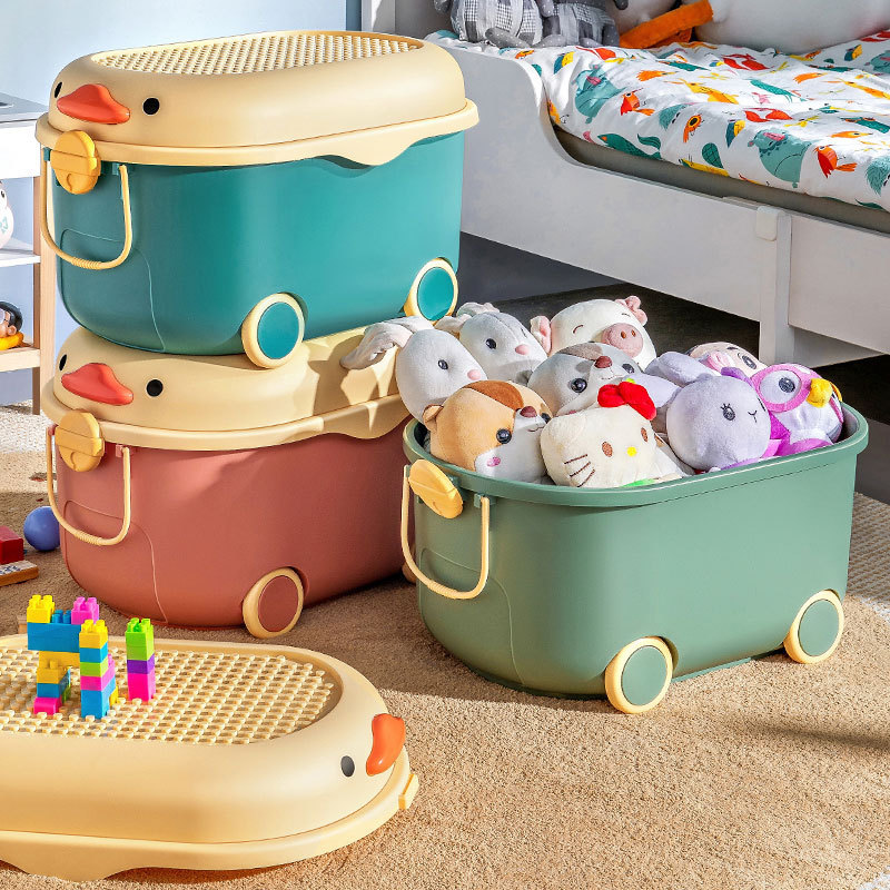 Cute kids storage box toys books storage chest Cartoon plastic storage container with wheels