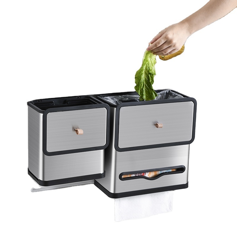 Kitchen Compost Bin Cabinet Door Under Sink Wall Hanging Trash Can with Lid Slide Open Stainless Steel Waste Bin