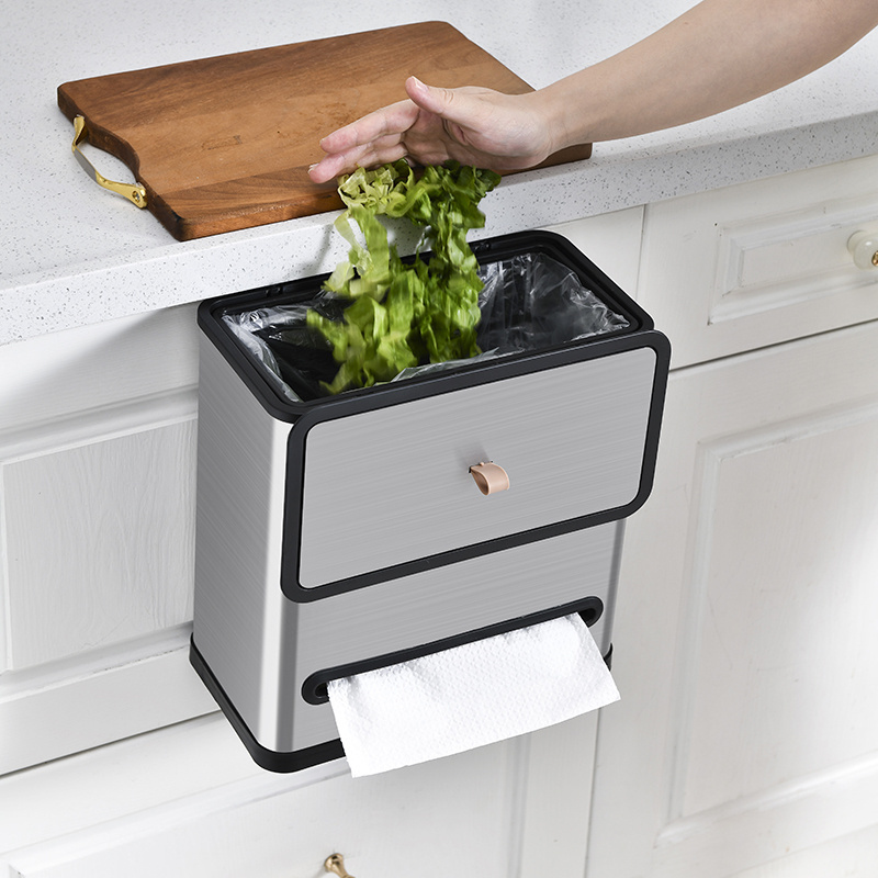 Kitchen Compost Bin Cabinet Door Under Sink Wall Hanging Trash Can with Lid Slide Open Stainless Steel Waste Bin