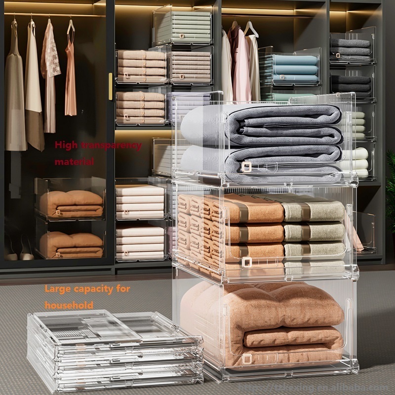 Stackable Plastic Storage Basket Bin Shelf Box  for Closet Wardrobe Organizer Foldable Clothes Drawer Storage Container