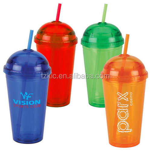 16 Oz Plastic Clear Dome Lid Double Wall Tumbler with Straw