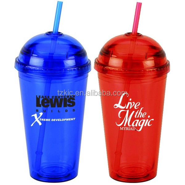 16 Oz Plastic Clear Dome Lid Double Wall Tumbler with Straw