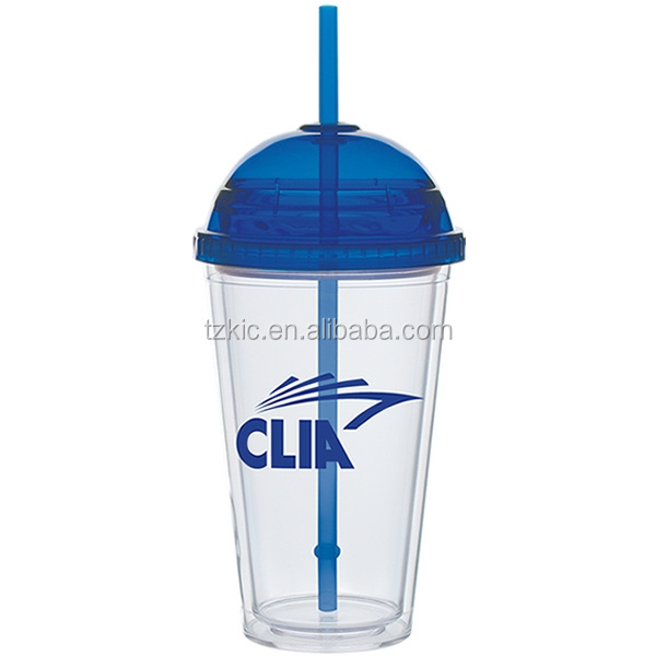 16 Oz Plastic Clear Dome Lid Double Wall Tumbler with Straw