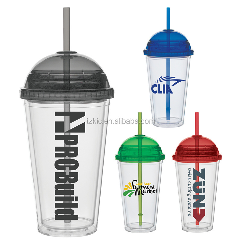 16 Oz Plastic Clear Dome Lid Double Wall Tumbler with Straw