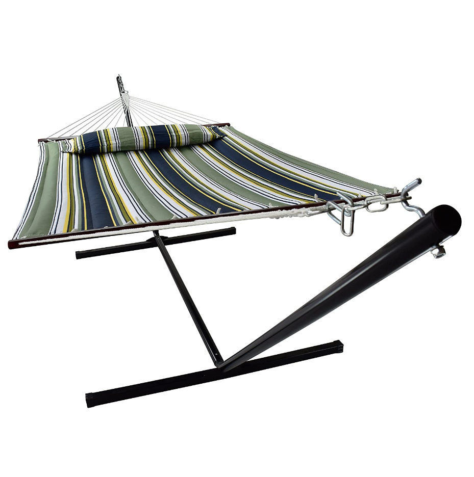 Modern Heavy Duty Double Hammock with Steel Stand and Detachable Pillow for Indoor Outdoor Patio