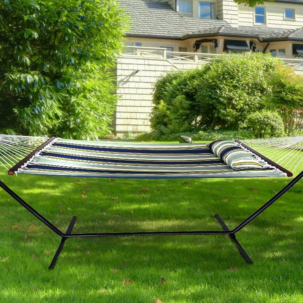 Modern Heavy Duty Double Hammock with Steel Stand and Detachable Pillow for Indoor Outdoor Patio