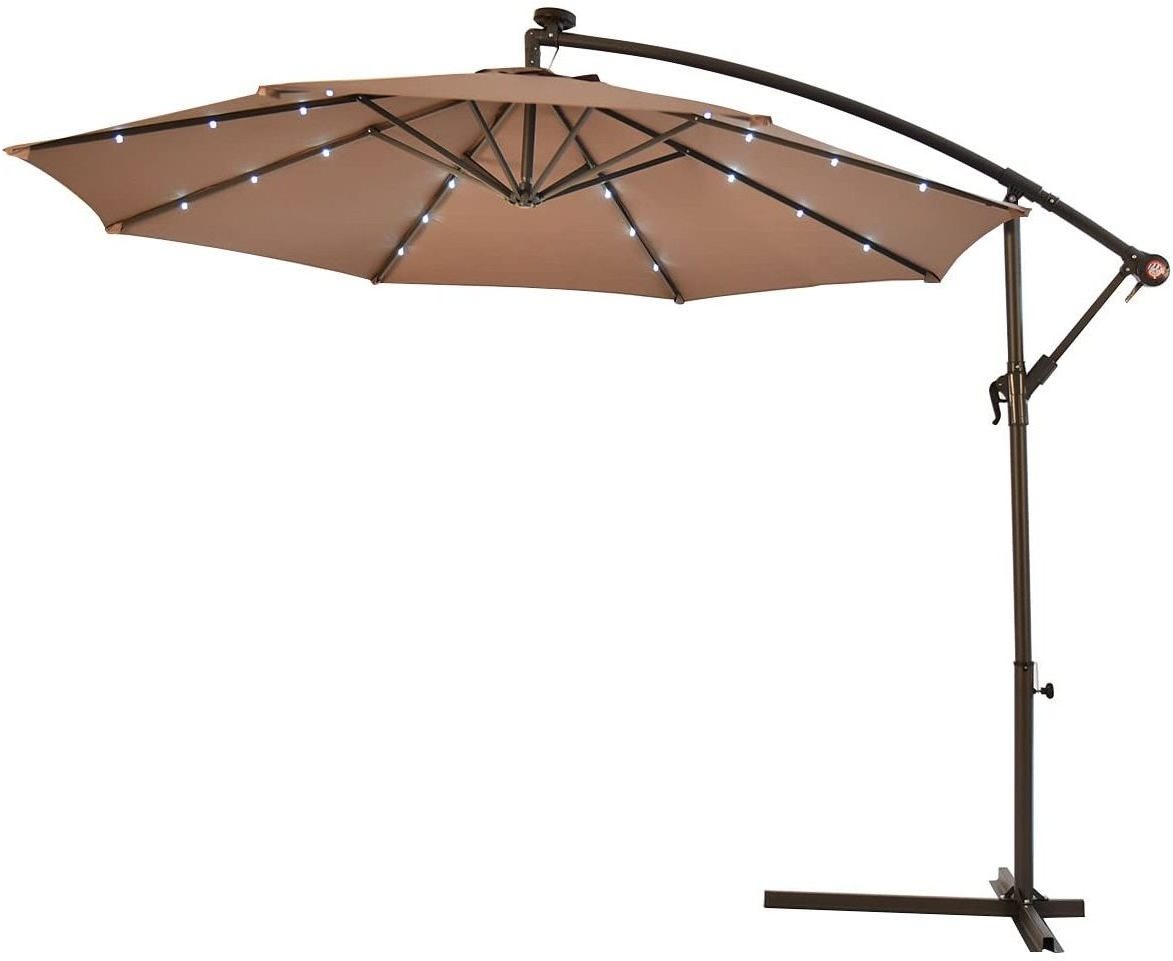 10' Hanging Solar LED Umbrella Patio Cantilever Sun Shade Offset Market With Base Tan