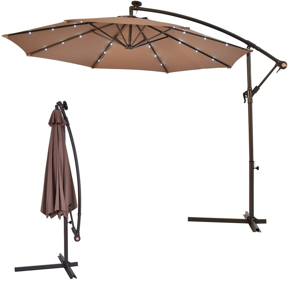 10' Hanging Solar LED Umbrella Patio Cantilever Sun Shade Offset Market With Base Tan