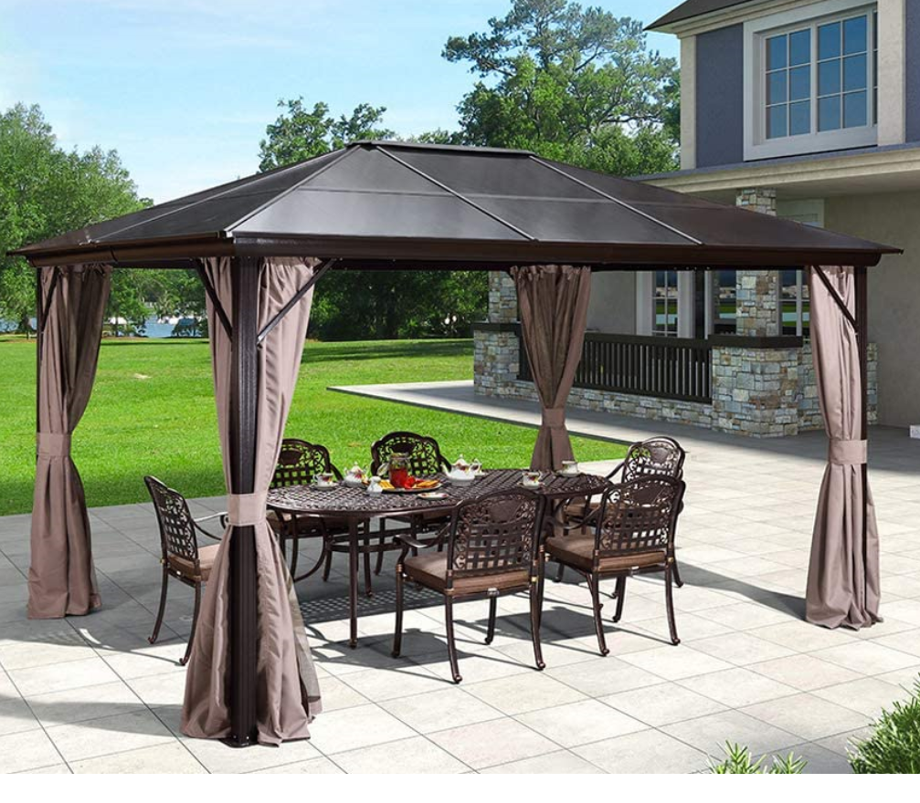 10'x12' Outdoor Hardtop Polycarbonate Pergola Gazebo Canopy Curtains Aluminum Frame with Netting for Garden