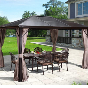 10'x12' Outdoor Hardtop Polycarbonate Pergola Gazebo Canopy Curtains Aluminum Frame with Netting for Garden