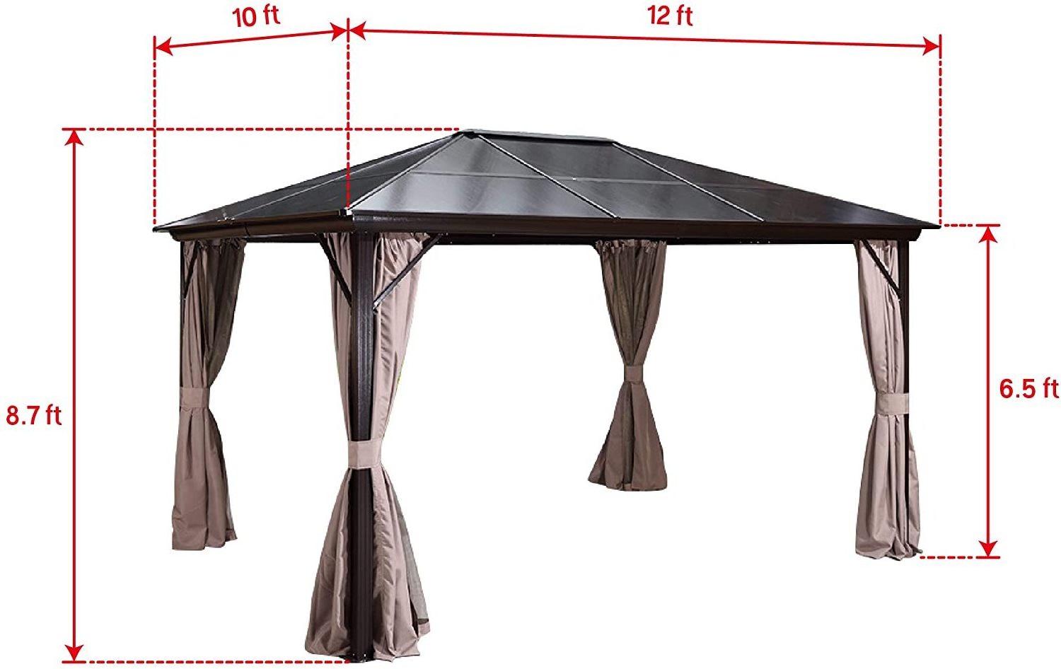 10'x12' Outdoor Hardtop Polycarbonate Pergola Gazebo Canopy Curtains Aluminum Frame with Netting for Garden