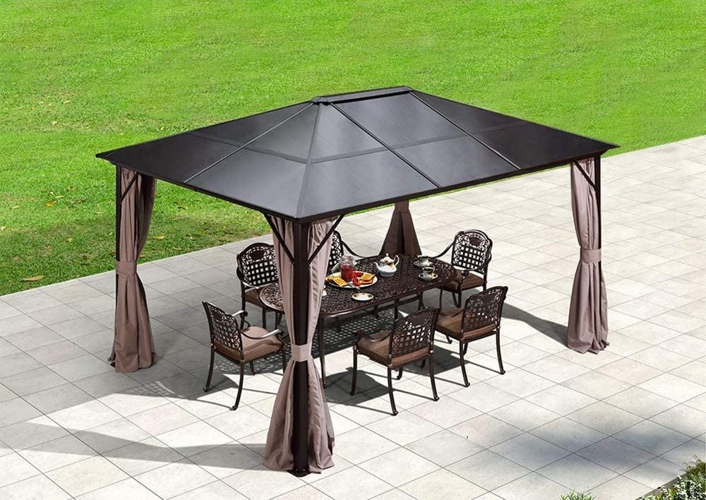 10'x12' Outdoor Hardtop Polycarbonate Pergola Gazebo Canopy Curtains Aluminum Frame with Netting for Garden