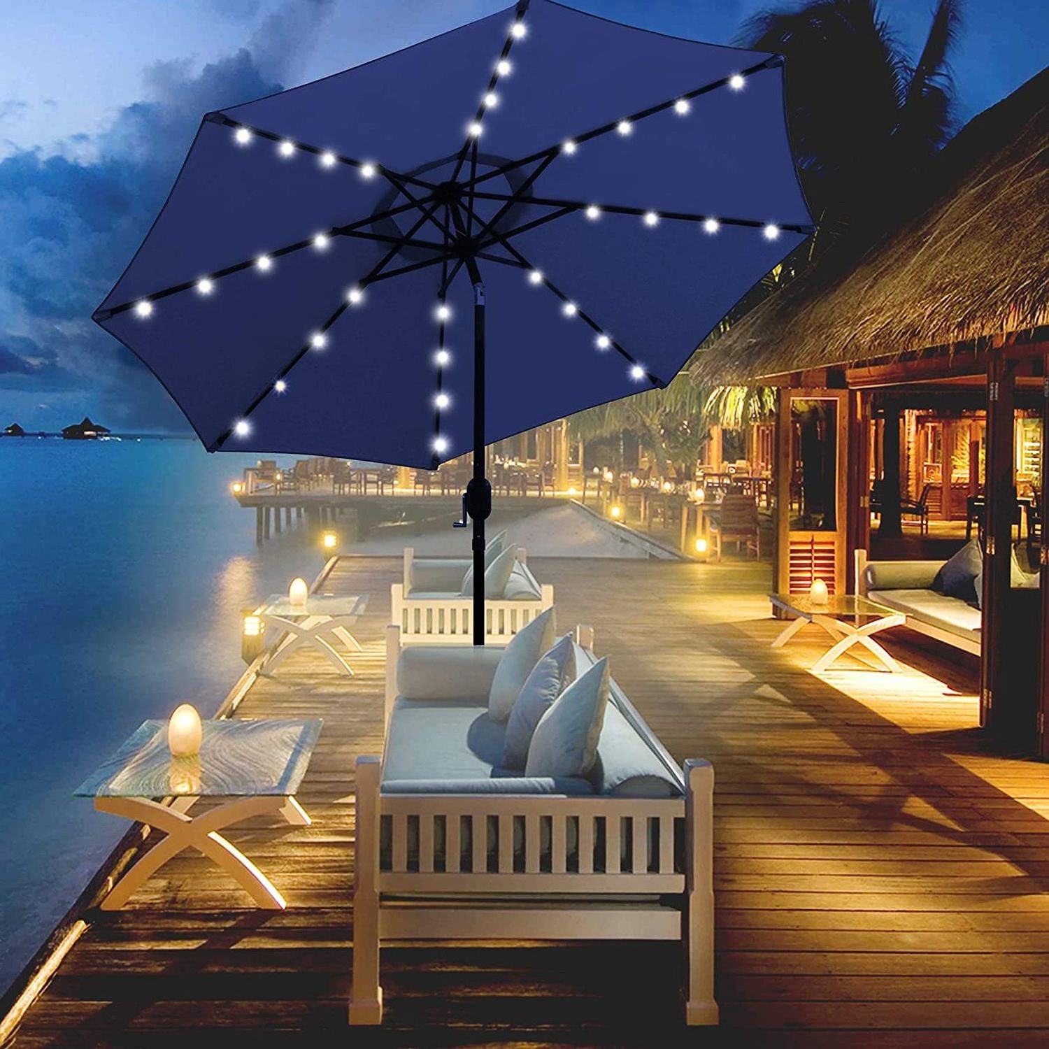 Outdoor 9 ft Solar panel charger Umbrella 32 LED Lighted Patio Umbrella Table Market Umbrella with Tilt and Crank