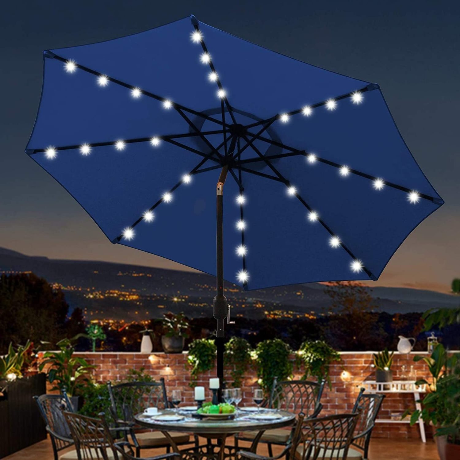 Outdoor 9 ft Solar panel charger Umbrella 32 LED Lighted Patio Umbrella Table Market Umbrella with Tilt and Crank