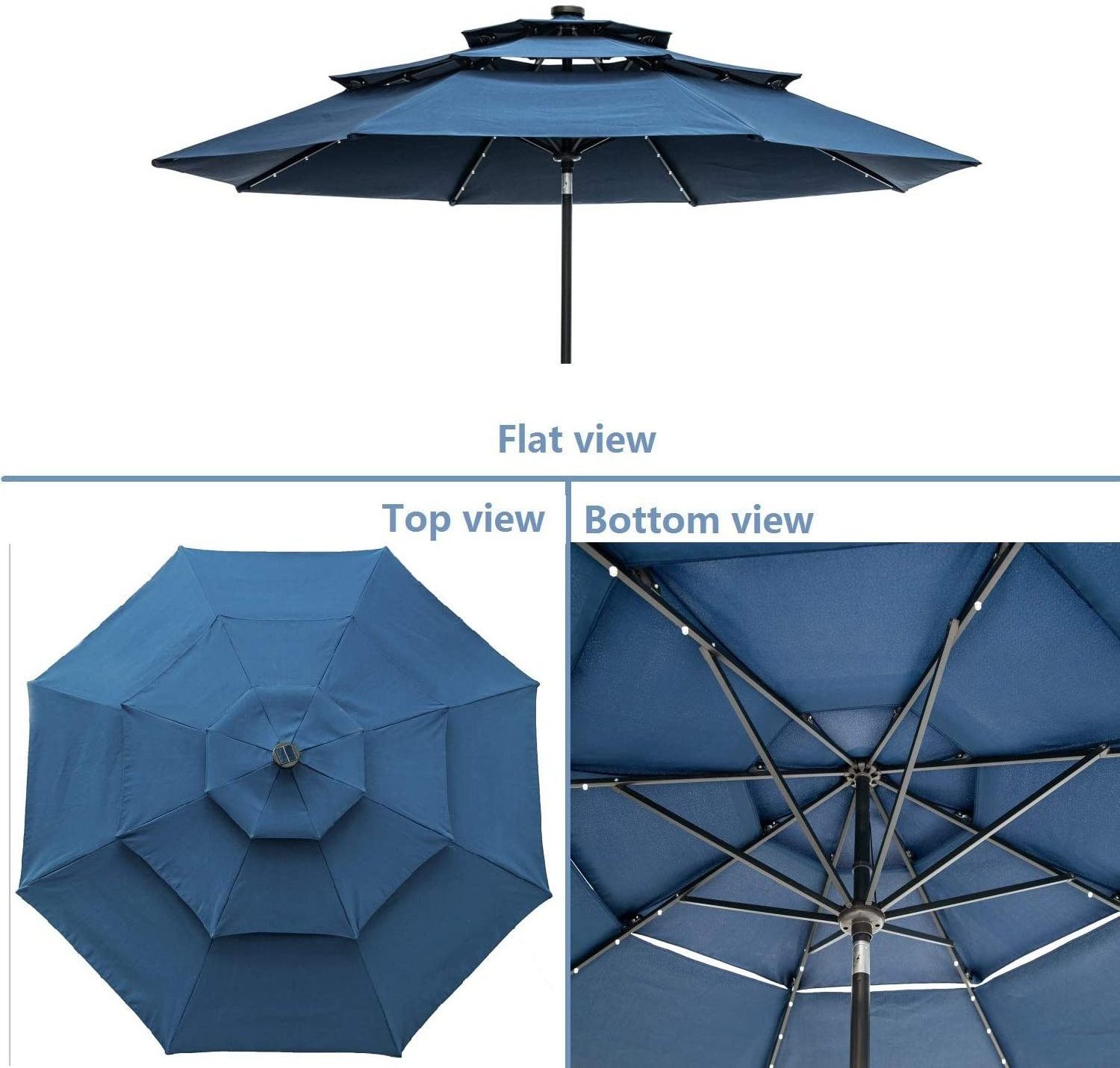 Custom Blue Outdoor 3-Tiers Patio Table LED light parasol Umbrella with Solar Power Lights