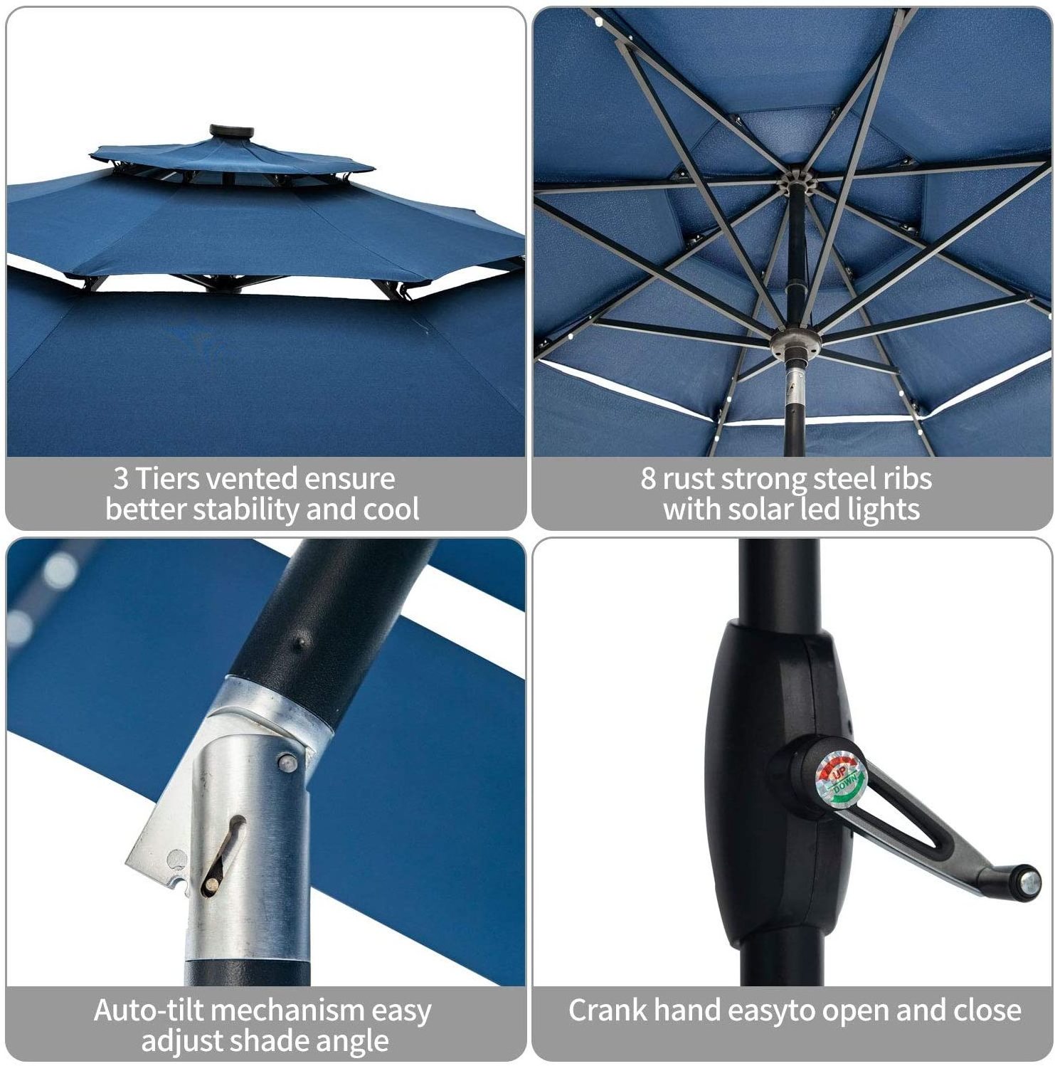 Custom Blue Outdoor 3-Tiers Patio Table LED light parasol Umbrella with Solar Power Lights