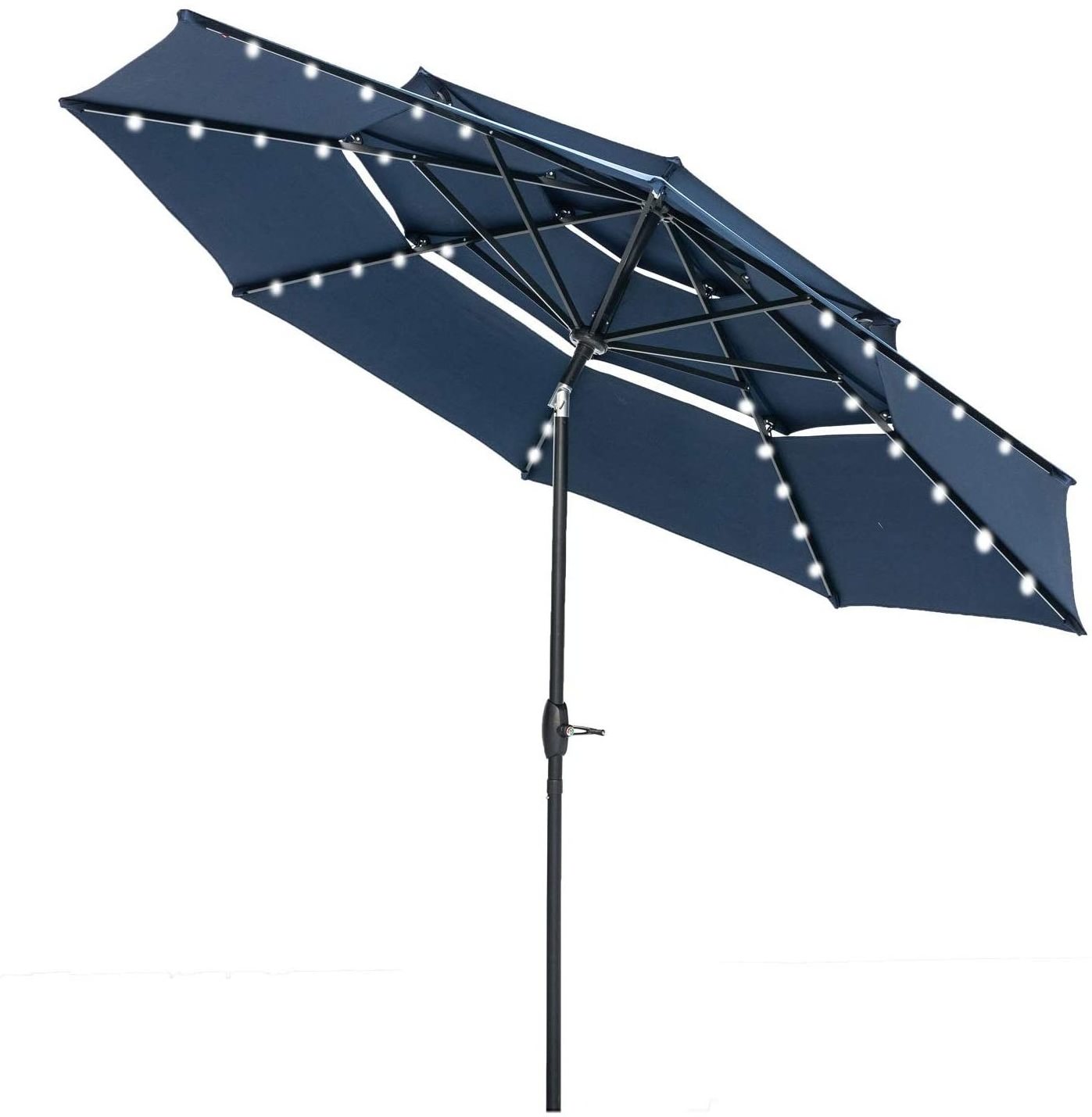 Custom Blue Outdoor 3-Tiers Patio Table LED light parasol Umbrella with Solar Power Lights