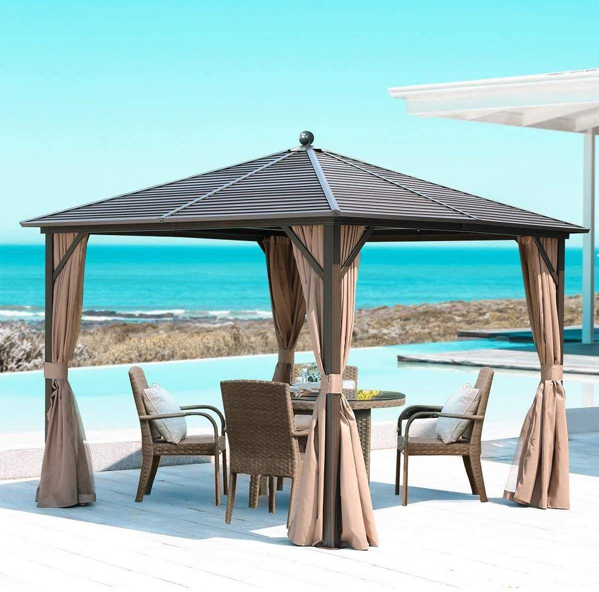 10x10 Aluminum Frame Hardtop Roof Outdoor Gazebo with Mosquito Netting and Curtains