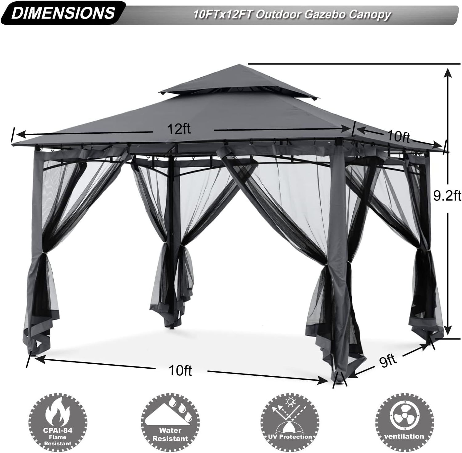 10x12 Alloy Steel Patio Gazebo with Mosquito Netting